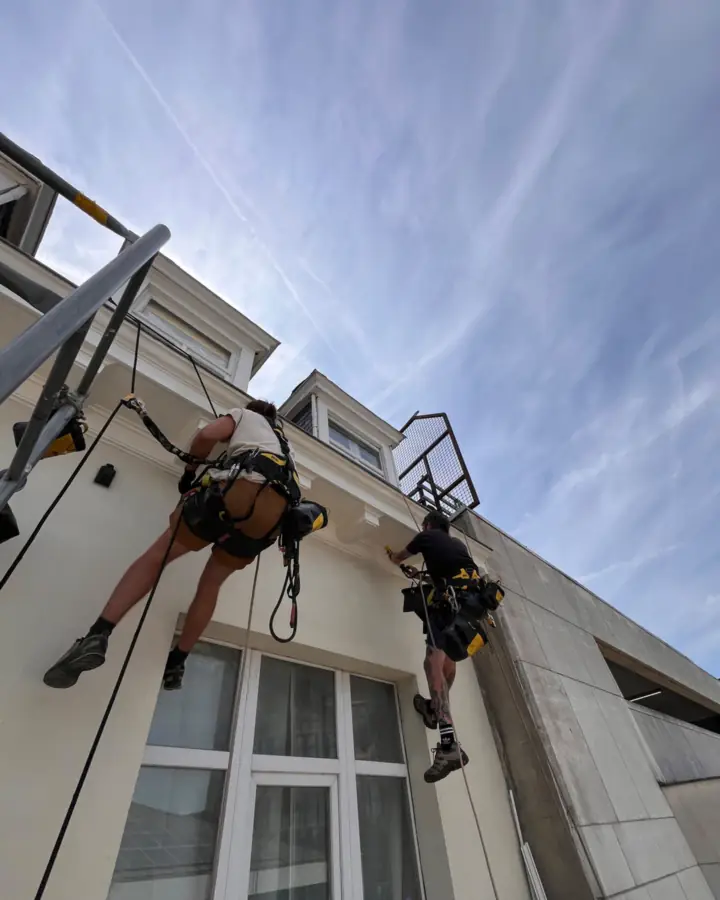 Deux cordistes suspendus côte à côte le long d'une façade claire